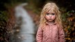 © imagineRbc - A little girl looks curiously at the camera, wearing a pink jacket, while standing on a damp path surrounded by colorful autumn leaves in a serene forest