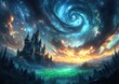© Ross - Enchanted Gothic Castle Under a Mystic Sky with a Spiraling Galaxy and Glowing Landscape in a Fantasy World