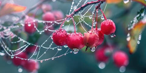 Canvas Print - Barberry Fruit and Spider Web Glistening in the Rain