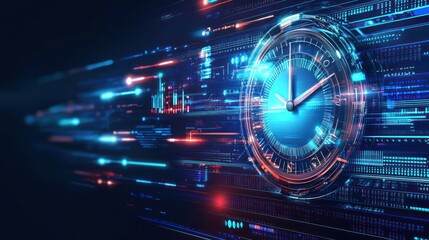 Wall Mural - Futuristic Clock with Digital Data and Light Streaks