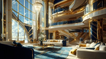 Wall Mural - Luxurious Interior Design with Gold Accents and Ocean Views