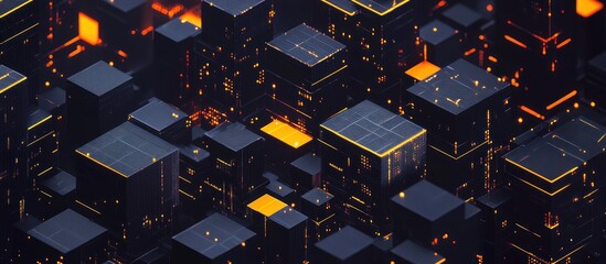 Wall Mural - A 3D Abstract Digital Cityscape with Glowing Orange Lights