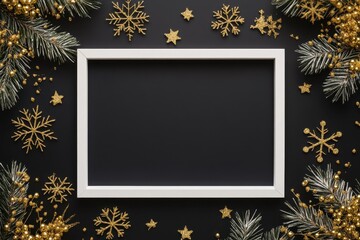 A white rectangular frame on the left side of an empty black background, with golden glittering snowflakes and pine branches on both sides, creating a festive New Year atmosphere Generative AI