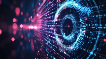 Digital eye, data network, and cyber security technology, vector background. Futuristic tech of virtual cyberspace and internet secure surveillance, binary code digital eye or safety scanner. 