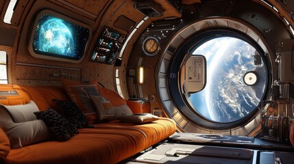 Wall Mural - Futuristic Spacecraft Interior with Earth View