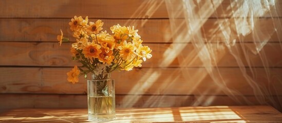 Wall Mural - Yellow Artificial Bouquet Flower In Glass On Wooden Table Sunlight Through Curtain Against To Wooden Wall In Room