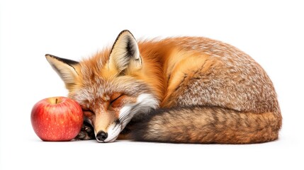 Tranquil Fox Resting with an Apple Against a White Background - Nature's Peaceful Moments