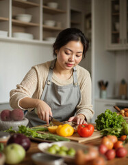 Wall Mural - Middle-aged Asian woman chopping vegetables