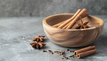 Wooden bowl with cinnamon sticks and anise on table