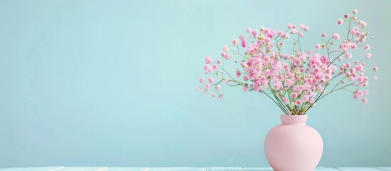 Wall Mural - beautiful dyed gypsophila flowers in pink vase on white wooden table against light blue background s