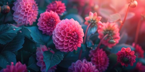 Canvas Print - Blooming Ball and Pompon Dahlia Kardinal with Bright Pink Honeycomb Flowers in the Garden