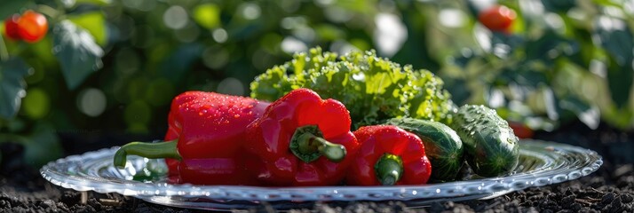 Sticker - Bright red bell pepper and cucumber arranged on a glass platter, surrounded by greenery, as fresh vegetables are rinsed in preparation for a crisp summer salad, ready for a nutritious meal.