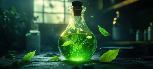 A flask filled with a bright, effervescent green potion, with small leaves floating within, named Elixir of the Wilds