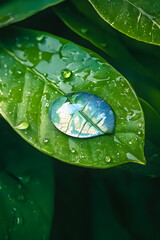 Wall Mural - Water drop on fresh green plant leaf