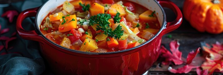 Wall Mural - Cabbage soup with pumpkin, carrots, and tomatoes in a red pot