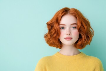 Wall Mural - Portrait of a young woman with wavy red hair against a mint green background, softly smiling. Ideal for beauty, fashion, and lifestyle banners or marketing with a fresh, modern look.