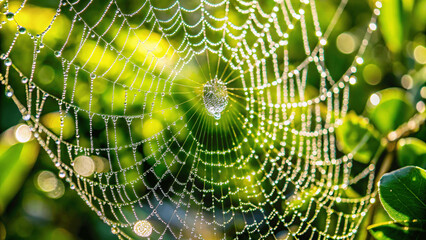 Wall Mural - A macro shot of a dew-covered spider web with droplets glistening in the early morning sunlight