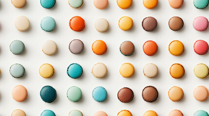 A perfectly aligned grid of colorful macarons in various pastel shades, neatly arranged on a clean white background. (seamless, tile, repeat)