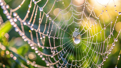 Wall Mural - A macro shot of a dew-covered spider web with droplets glistening in the early morning sunlight