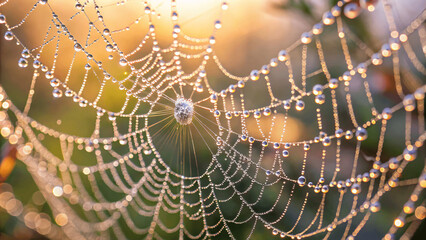a macro shot of a dew-covered spider web with droplets glistening in the early morning sunlight