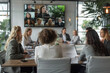 © saida - Worldwide communication by business using video conference application. Staff members engaged in virtual meeting event with partners, investors or international colleagues. Briefing, app, modern tech
