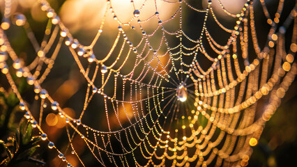 Wall Mural - A macro shot of a dew-covered spider web with droplets glistening in the early morning sunlight