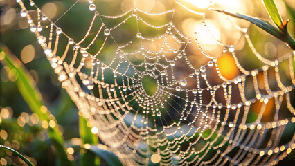 Wall Mural - A macro shot of a dew-covered spider web with droplets glistening in the early morning sunlight