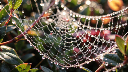 Wall Mural - A macro shot of a dew-covered spider web with droplets glistening in the early morning sunlight