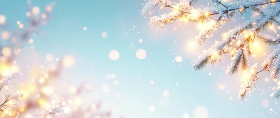 Wall Mural - Christmas background with lights and snowflakes, white Christmas tree branches on the top edge of the picture, glowing lights, and a bokeh effect on a pastel blue sky background Generative AI