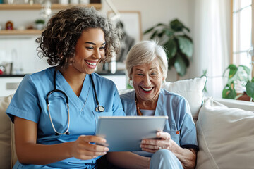 nurse doctor senior care tablet computer technology showing caregiver help assistence retirement home nursing elderly woman african american black happy laughing