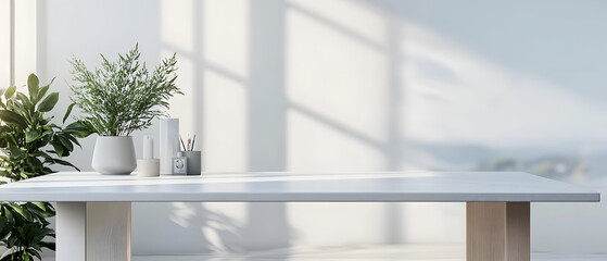 Sticker - A minimalist, bright workspace features a white table with copy space for displaying products.