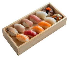 Sticker - PNG Assorted sushi in wooden box