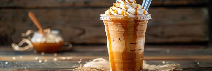 Canvas Print - Caramel Frappe Topped with Whipped Cream in a Plastic Cup