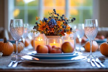 Beautifully decorated fall table setting featuring pumpkins, candles and autumn foliage. Thanksgiving dinner