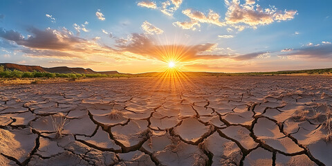 Wall Mural - A striking and vivid landscape powerfully illustrates the severe effects of drought and climate change, showcasing the cracked earth under a radiant and blistering sun that beats down relentlessly