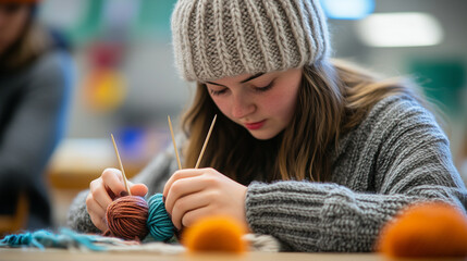 Poster - Student Learning to Knit a Warm Hat in a Craft Class, with Yarn and Needles in Focus