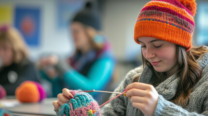 Poster - Student Learning to Knit a Warm Hat in a Craft Class, with Yarn and Needles in Focus