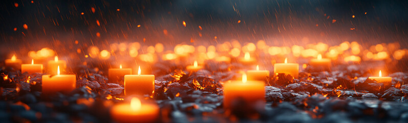 A solemn and spiritual background for All Saints Day, with candles and remembrance in a religious setting.