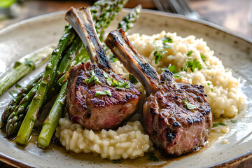 Wall Mural - A plate of lamb chops and risotto with asparagus. The asparagus is tender and slightly charred