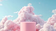 © Thiago - A dreamlike scene with fluffy pink clouds gathered around a minimalist pink podium under a soft blue sky, creating a fantasy atmosphere. Dreamlike. Illustration
