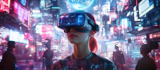 Wall Mural - A Young Woman Wearing VR Headset in a Neon-Lit Cyberpunk City