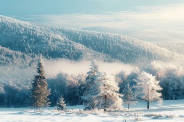 Wall Mural - A group of trees standing tall in the snowy landscape, perfect for winter scenes and outdoor photography