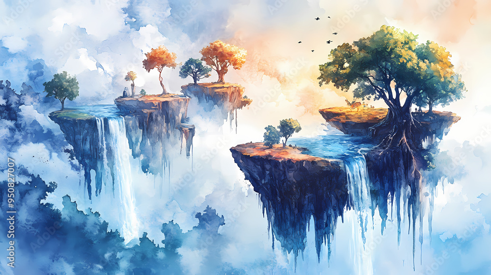 A watercolor painting of a dreamlike landscape with floating islands ...