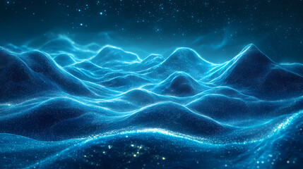 Wall Mural - Abstract, digital 3d rendering of a landscape of glowing, blue hills with light particles, creating a futuristic and dreamlike atmosphere. Dreamlike. Illustration