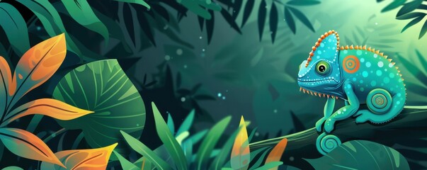 Vibrant and colorful cartoon chameleon perched on a branch, surrounded by lush foliage, with a playful and curious expression.