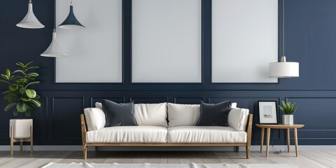 Modern living room with two tone wall featuring a dark blue panel and white backdrop Stylish decor including a sofa picture frame and lamp design