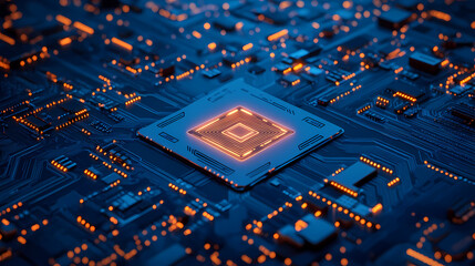 Highly detailed image of a futuristic blue circuit board with a central glowing chip. Futuristic. Illustration