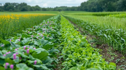 Wall Mural - Diverse field of cover crops including sudangrass and crown vetch enhancing soil health in a thriving agricultural setting