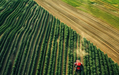 Drone view capturing sustainable agriculture practices with diverse crop fields and eco-friendly machinery in action