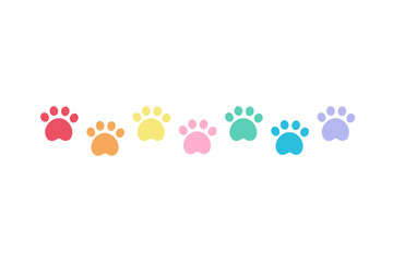 Colorful paw footprint border frame. Rainbow animal footstep silhouette. Flat decorative vector design isolated illustration.